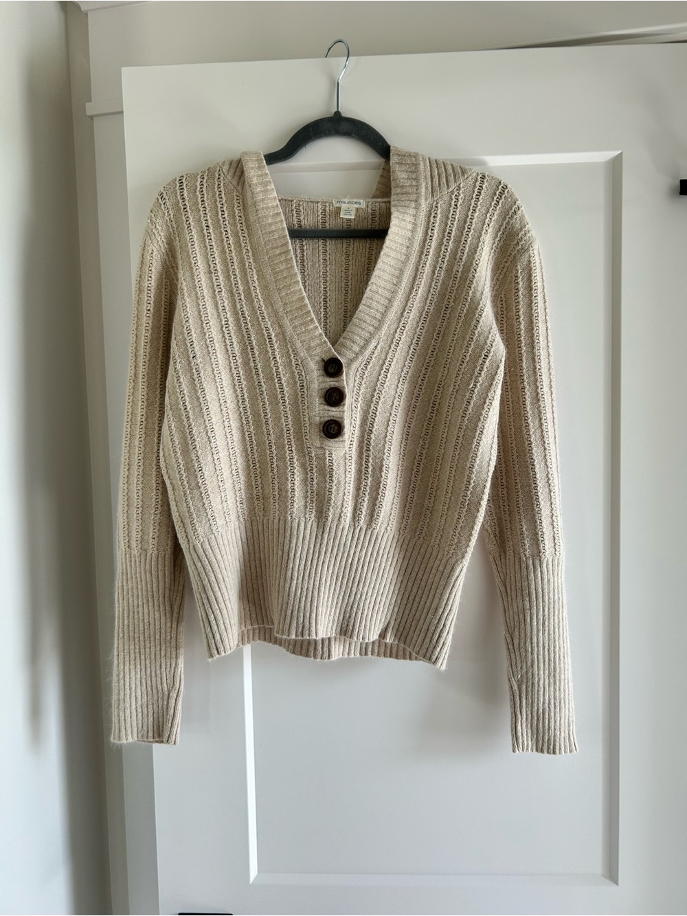 Maurices Beige Ribbed V-Neck Button Sweater